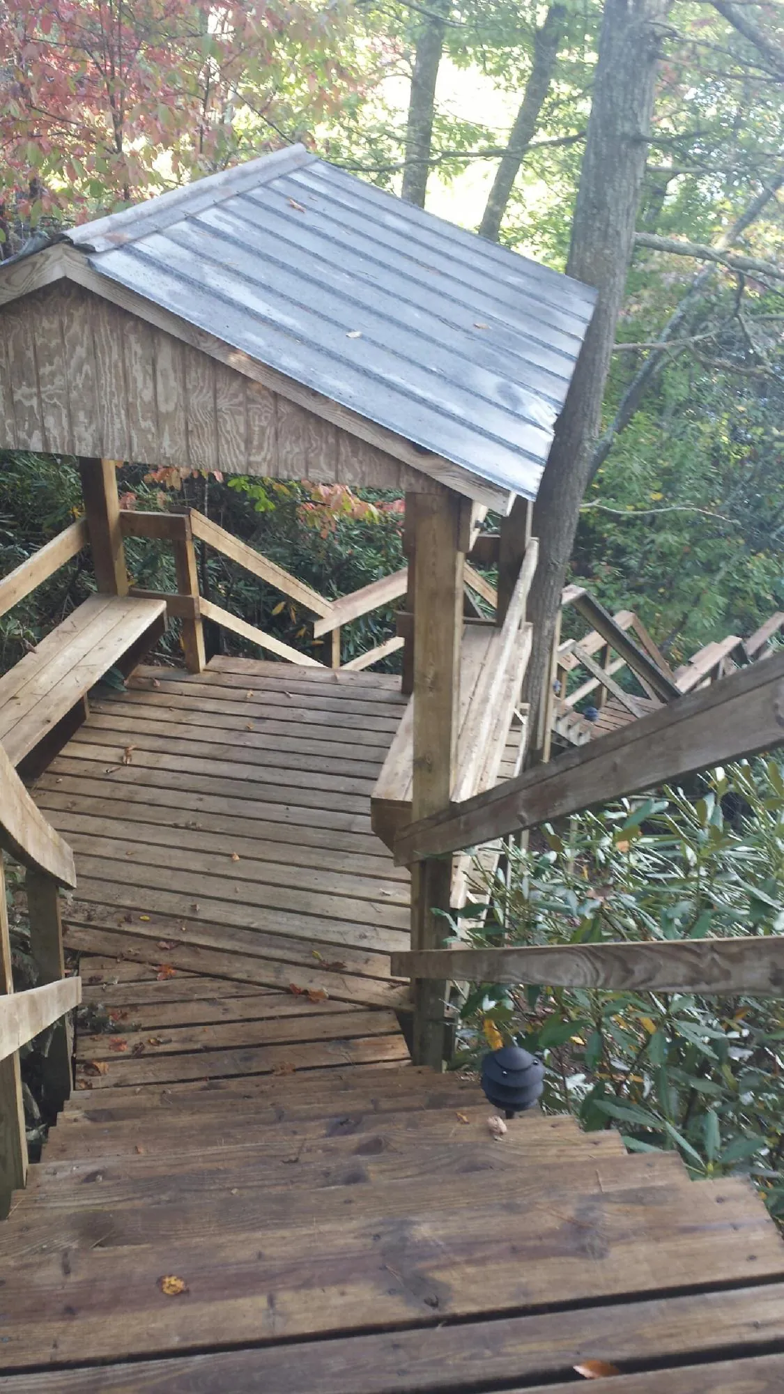 Metal roofed shelter over wooden steps on a wooded walkway — Skylight Repair & Installation work by our crew in Erath