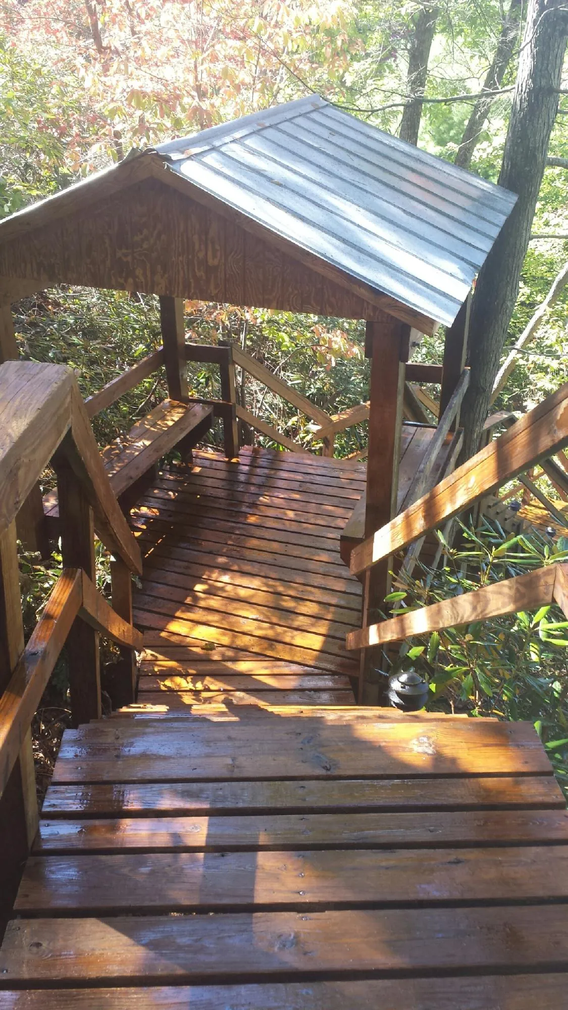 Freshly stained wood walkway and covered shelter with a metal roof in Erath